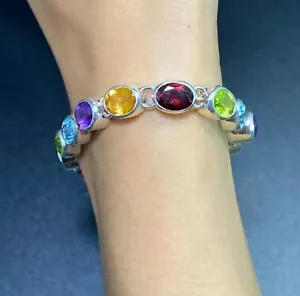 Doug Paulus 925 Multi Gemstone Bracelet Chain Link Designer Signed 7 inches Fine - Picture 1 of 7