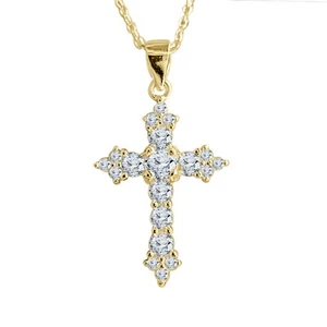 Round Moissanite Accent 14K Yellow Gold Plated Silver Cross Pendant Mothers Day - Picture 1 of 1