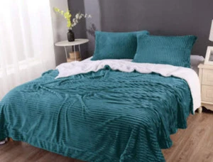 stripe flannel sherpa blanket queen teal - Picture 1 of 1
