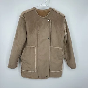 Wet Seal Y2K 1990’s-2000 Tan Suede Sherpa Lined Coat/Jacket Size Small Zip/Snap - Picture 1 of 10