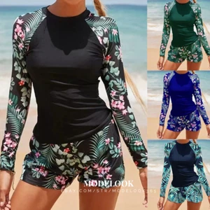 Women's Sleeved Swimwear Rash Guard 2 pcs floral Surfing suit Swimsuit plus size - Picture 1 of 23
