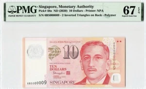 Singapore Low Serial # 000009 $10 Dollars 2020 Pick# 48n PMG: 67 EPQ UNC.#PL2217 - Picture 1 of 2