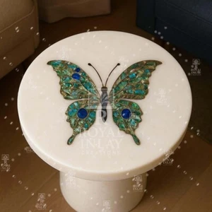 12"Marble Table with Abalone Shell Butterfly Inlay | Handmade Luxury Accent Tabl - Picture 1 of 11