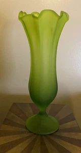 Vintage Westmoreland Green Satin Glass Pedestal Vase With Scalloped Rim - Picture 1 of 14