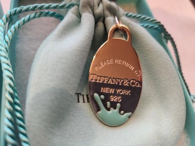 Tiffany Co Plata Esterlina Azul Esmalte Salpicaduras GRANDE Etiqueta Ovalada Dije AG925 Foto 1 de 4