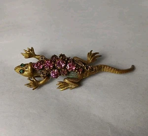 Vintage Estate Czech Crystal Lizard Brooch Pin Art Deco Pink Stones Green Eyes - Picture 1 of 7