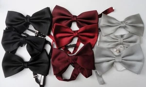 9 x Vintage Satin Bow Ties Black, Dark Red & SIlver Grey Adjustable Neck - Picture 1 of 4