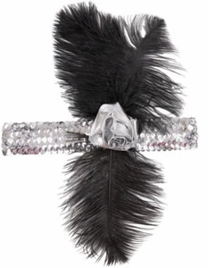 Fascia charleston piume nere e fiore argento anni 20 - Foto 1 di 1