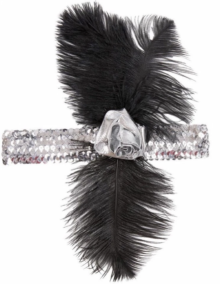 Fascia charleston piume nere e fiore argento anni 20 - Immagine 1 di 1