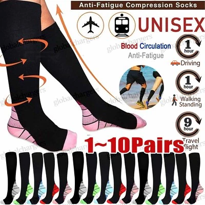 Compression Socks Men & Women Varicose Veins Anti-Fatigue Flight Travel Running - Image 1 of 4