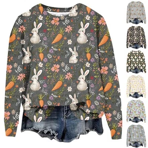 Women's Fashion Easter Printed Long Sleeve Loose Round Neck Sweatshirt Top - Picture 1 of 33