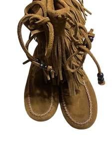 Minnetonka Womens Moccasins Brown Boots Size 7 Two Fringe Mid Calf 84653 - Picture 1 of 7