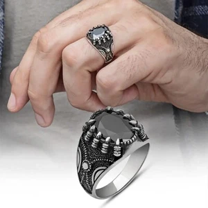 Solid 925 Sterling Silver Jewelry Black Onyx Gemstone Claw Men's Ring Size 7-15 - Picture 1 of 3