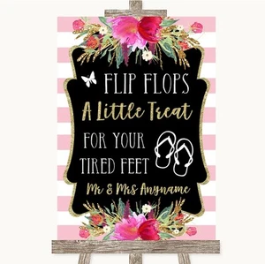 Gold & Pink Stripes Flip Flops Dancing Shoes Personalised Wedding Sign - Picture 1 of 8