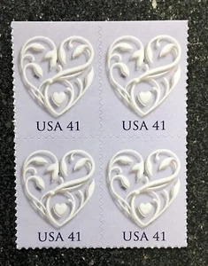 2007USA #4151 41c Love - Wedding Hearts Purple From Booklet Block of 4  Mint NH - Picture 1 of 1