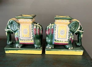 VINTAGE MCM 1960's PAIR of GREEN CERAMIC GLAZED ASIAN ELEPHANT STATUES BOOKENDS - Picture 1 of 12