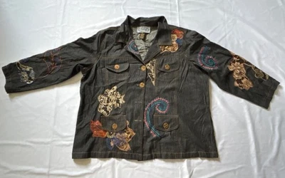 Alex Kim 2X Dark Denim Jacket With Boho Floral Embroidery & Gold Button Accents - Image 1 of 4