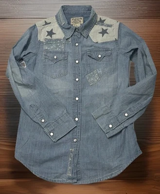 RARE Girls POLO Ralph Lauren Western Patchwork Pearl Snap Shirt Denim Sz Small 7 - Image 1 of 4