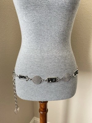 Women's Size Medium/Large Silver Discs Black Beaded Rectangles Chain Hip Belt - Image 1 of 4