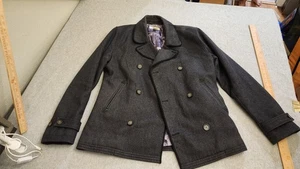 Original Penguin Jacket Mens Medium Charcoal Wool Blend Double Breasted Peacoat - Picture 1 of 17