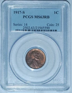 1917 S PCGS MS63RB Red and Brown Lincoln Wheat Cent - Picture 1 of 2
