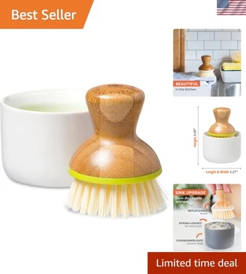 Dish Brush Soap Dispenser Set Kitchen Cleaning Eco-Friendly Bamboo White - Image 1 of 4