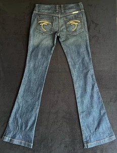 Pantalones de mezclilla Frankie B acampanados azules tiro bajo de colección S4 bolsillos bordados dorados 128D20245 - Imagen 1 de 9