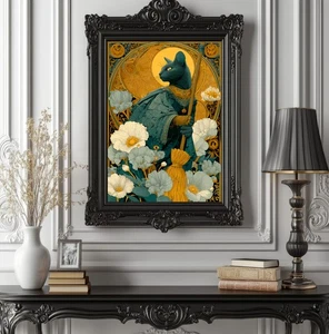 Póster Art Nouveau Bruja Gato Negro - Escoba Floral y Arte de Pared Luna - Imagen 1 de 10