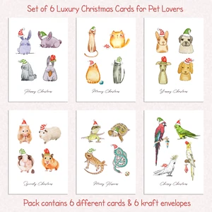 6er Set Luxus Weihnachtsgrußkarten für Tierliebhaber süße Tiere Nikolausmützen - Bild 1 von 4
