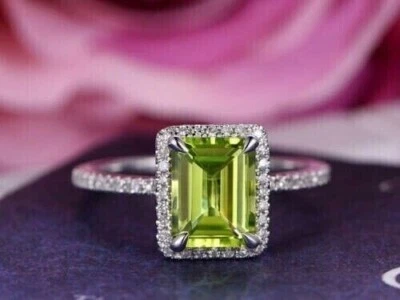 2 Ct Emerald Cut Lab-Created Peridot Engagement Ring 14K White Gold Plated - Image 1 of 4