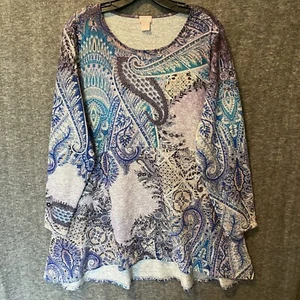 Chicos Sweater Womens 3 XL Paisley Hi Low Stretch Knit Top Tunic Button Cuff - Picture 1 of 11