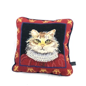 Twos Company Needlepoint Throw Pillow Luxe Cat Aubusson Decorative Navy Red Rare - Picture 1 of 5