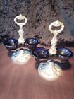 Antique French Pair of Double Salt Cellars Sterling Silver Blue Glass 19th C