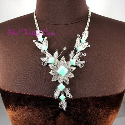 Silver Deco Mesh Lace Lotus Flower Scroll Collar Necklace w/ Swarovski Crystals - Image 1 of 4
