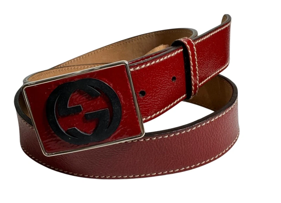 Ремень унисекс GUCCI красный лакированная кожа черный с блокировкой пряжка G табличка 95/33 - Изображение 1 из 4