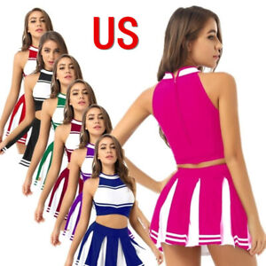 US Women Cheer Leader Costume Uniform Cheerleading Crop Top +Pleated Mini Skirt
