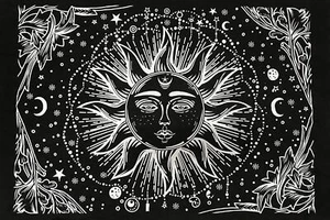 Sun Moon Star Tapestry, Black and White Mystic Burning Sun Star Wall Tapestry - Picture 1 of 6