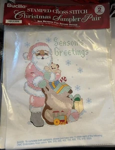 Vintage Bucilla Stamped Cross Stitch Christmas Sampler Pair Embroidery - Santas - Picture 1 of 6