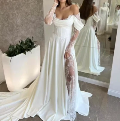 Sexy Off Shoulder Long Sleeve Wedding Dresses Floor Length Boho Bridal Gowns - Image 1 of 4