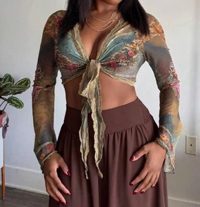 Floral Tie Front Top Sheer Mesh Bell Sleeve Crop Cover Up Green Fairycore S Lace - Bild 1 von 7