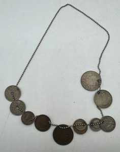 Vintage WW2 era Trench Art Dog Tag Chain w/ European Coins Necklace Silver US - Picture 1 of 8