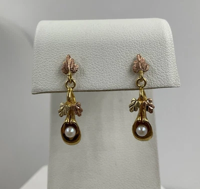 10K Tri Color Gold Pearl Cala Lily Leaf Dangle Earrings  - Image 1 of 4