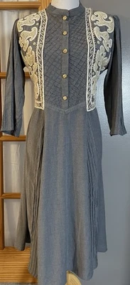 Vtg 60s Handmade Beaded Midi Dress XL Pleated Faux Pearl Embroidery Classic - Image 1 of 4