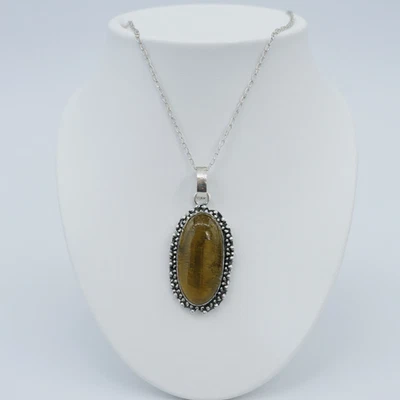 Кулон с кристаллами тигровый глаз с бесплатной цепочкой | Ювелирные изделия с серебряным покрытием овальной формы - Изображение 1 из 4