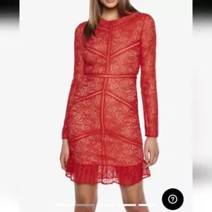NWT Bardot Sasha Lace Long Sleeve Beige Lined Red Lace Ruffle Hem Dress Size 10 - Picture 1 of 12
