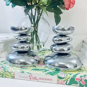Michael Aram Candle Holders Set Of 2 Silver Tone River Rock Stacked Stones 4.5" - Picture 1 of 6