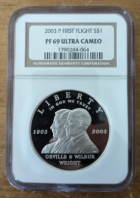 2003-P Proof First Flight Commemorative Silver Dollar NGC PF 69 Ultra Cameo - Image 1 of 2