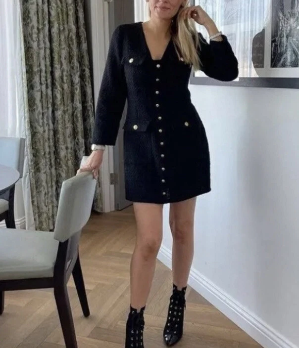 ZARA WOMAN GOLD BUTTON TEXTURED TWEED SHORT DRESS 2157/224 XS/S