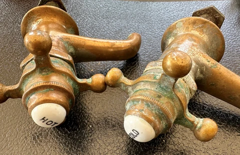 Vintage Vulcan Brass HOT & COLD Water Porcelain Cap Faucets Brass Copper Nickel Cover
