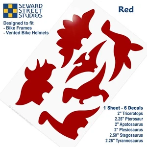 Dinosaur Decal Set, Red Dino Bike Helmet Stickers Kit, 6 Dino Decals #886 - Picture 1 of 3